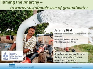 Jeremy Bird
International Water Management
Institute
Budapest Water Summit
28-30 November 2016
Based on the work of Tushaar
Shah, Karen Villholth, Paul
Pavelic and partners
Taming the Anarchy –
towards sustainable use of groundwater
Photo: Hamish John Appelby / IWMI
 