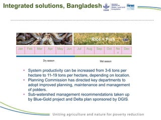 Jan Feb Mar Apr May Jun Jul Aug Sep Oct No
v
Dec
Dry season
 System productivity can be increased from 3-6 tons per
hectare to 11-19 tons per hectare, depending on location.
 Planning Commission has directed key departments to
adopt improved planning, maintenance and management
of polders.
 Sub-watershed management recommendations taken up
by Blue-Gold project and Delta plan sponsored by DGIS.
Wet season
Shrimp Rice + Fish
Integrated solutions, Bangladesh
 
