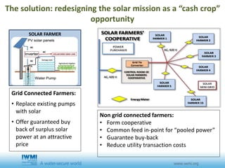 SOLAR FARMER
Grid Connected Farmers:
• Replace existing pumps
with solar
• Offer guaranteed buy
back of surplus solar
power at an attractive
price
Non grid connected farmers:
• Form cooperative
• Common feed in-point for “pooled power”
• Guarantee buy-back
• Reduce utility transaction costs
The solution: redesigning the solar mission as a “cash crop”
opportunity
 