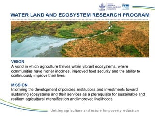 VISION
A world in which agriculture thrives within vibrant ecosystems, where
communities have higher incomes, improved food security and the ability to
continuously improve their lives
MISSION
Informing the development of policies, institutions and investments toward
sustaining ecosystems and their services as a prerequisite for sustainable and
resilient agricultural intensification and improved livelihoods
WATER LAND AND ECOSYSTEM RESEARCH PROGRAM
 