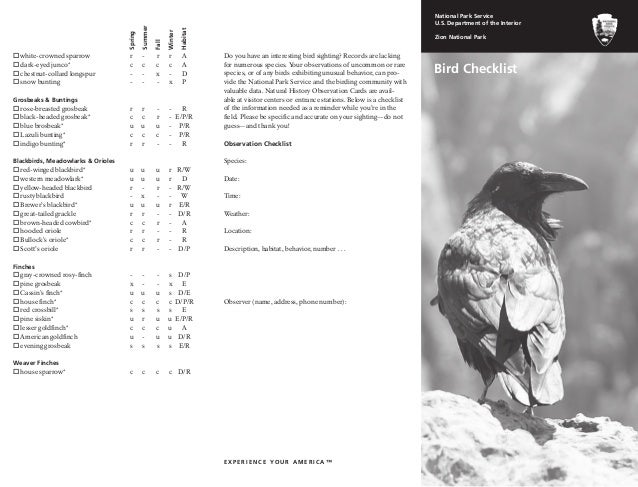 NostalgicOutdoors™- Zion National Park - Bird Checklist