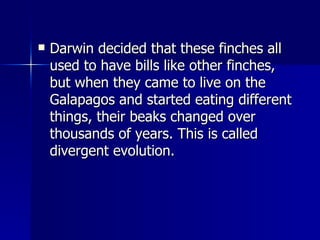 Darwin decided that these finches all used to have bills like other finches, but when they came to live on the Galapagos and started eating different things, their beaks changed over thousands of years. This is called divergent evolution.  