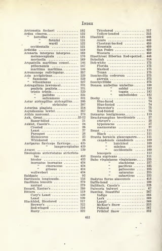 INDEX
Arctonetta fischeri 102
Ardea cinerea 122
herodias 121
fannini 121
wardi 122
occidentalis 121
Ardeidse 119
Arenaria interpres interpres 169
melanocephala 170
morinella 169
Arquatella maritima couesi 146
ptilocnemis 147
maritima maritima 146
Arremonops rufivirgatus 357
Asio accipitrinus 229
"
flammeus 229
"
wilsonianus 227
Astragalinus lawrencei 331
psaltria psaltria 331
tristis tristis 329
pallidus 331
"
salicamans 331
Astur atricapillus atricapillus 205
striatulus 207
Asturina plagiata 214
Asyndesmus lewisi 257
Atthis morcomi 278
Auk, Great 33-32
Razor-billed 31
Auklet, Cassin's 24
Crested 26
Least 27
Paroquet 26
Rhinoceros 23
Whiskered 26
Auriparus flaviceps flaviceps 439
"
lamprocephalus 439
Avocet 139
Baeolophus atricristatus atricrista-
tus 433
bicolor 433
inornatus inornatus 434
"
cineraceus 434
"
griseus 434
wollweberi 434
Baldpate 92
Bartramia longicauda 156
Basilinna leucotis 279
xantusi 279
Becard, Xantus's 280
Bittern 119
Cory's Least 120
Least 120
Blackbird, Bicolored 317
Brewer's 322
Red-winged 316
Rusty 322
Tricolored 317
Yellow-headed 315
Bluebird 448
Azure 448
Chestnut-backed 450
Mountain 450
San Pedro 450
Western 450
Bluethroat Siberian Red-spotted . . 448
Bobolink 314
Bob-white 175
Florida 175
Masked 175
Texan 175
Bombycilla cedrorum 375
garrula 375
Bombycillidse 375
Bonasa umbellus umbellus 180
sabini 182
togata 182
umbelloides ... 182
Booby 75
Blue-faced 74
Blue-footed 74
Brewster's 75
Red-footed 75
Botaurus lentiginosus t
119
Brachyramphus brevirostris 27
craveri's 28
hypoleucus 27
marmoratus 27
Brant Ill
Black Ill
Branta bernicla glaucogastra Ill
canadensis canadensis 109
hutchinsi 109
minima 109
occidentalis 109
leucopsis 112
Branta nigricans Ill
Bubo virginianus virginianus 235
elachistus 237
pacificus 235
pallescens 235
"
saturatus 235
subarticus 235
Budytes flavus alascensis 418
Buffle-head 100
Bullfinch, Cassin's 325
Bulweria bulweri 67
Bunting, Beautiful 367
Indigo 366
Lark 369
Lazuli 366
McKay's Snow 333
Painted 367
Pribilof Snow 332
452
 