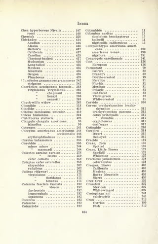 INDEX
Chen hyperboreus Nivalis 107
rossi 108
Chewink 358
Chickadee 434
Acadian 436
Alaska 436
Barlow's 437
California 437
Carolina 435
Chestnut-backed 437
Hudsonian 436
Long-tailed 435
Mexican 435
Mountain 435
Oregon 435
Plumbeous '. 435
( hcndestes grammacus grammacus 342
strigatus 342
Chbrdeiles acutipennis texensis . . 268
virginianus virginianus 266
"
chapmani 266
henryi 266
sennetti 268
Chuck-will's widow 263
Ciconiidae 118
Cinclidae 419
Cinclus mexicanus unicolor. . . . . . 419
Circus hudsonius 204
Cistothorus stellaris 428
Clangula clangula americana 99
islandica 99
Coccyges 241
Coccyzus americanus americanus 244
occidentalis 246
erythrophthalmus 246
Ccereba bahamensis 385
Ccerebidae 385
minor minor 244
"
maynardi 244
Colaptes auratus auratus 258
luteus 259
cafer collaris 259
Colaptes cafer. saturatior 259
chrysoides 262
rufipileus 262
Colinus ridgwayi 175
virginianus 175
floridanus 175
texanus 175
Columba fasciata fasciata 192
vioscae 192
flavirostris 192
leucocephala 192
squamosa 192
Columba 192
Columba- 192
Columbidae 192
Colymbidse 11
Colymbus auritus 13
dominicus brachypterus 15
holbcelli 11
nigricollis californicus 13
Compsothlypis americana ameri-
cana 390
americana usnese 390
nigrilora 391
Conuropsis carolinensis 241
Coot 136
European 136
Cormorant 79
Baird's 82
Brandt's 82
Double-crested 79
Farallon 81
Florida 81
Mexican 81
Pelagic 82
Red-faced 82
Violet-green 82
White-crested 81
Corvidse 300
Corvus brachyrhynchos brachy-
rhynchos 312
brachyrhynchos pascuus 312
corax principalis 311
"
sinuatus 311
cryptoleucus 311
ossifragus 312
Cotingidae 280
Cowbird 314
Dwarf 315
Red-eyed 315
Cracidse 191
Crake, Corn 135
Spotted 133
Crane, Little Brown 127
Sandhill 129
Whooping 127
Creciscus jamaicensis 134
coturniculus 134
Creeper, Brown 430
California 430
Mexican 430
Rocky Mountain 430
Sierra 430
Crex Crex 135
Crossbill 327
Mexican 327
White-winged 327
Crotophaga ani 241
sulcirostris 243
Crow 312
Carrion 199
Fish 312
454
 