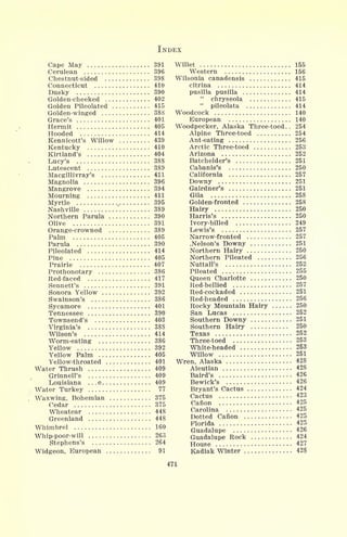 INDEX
Cape May 391
Cerulean 396
Chestnut-sided 398
Connecticut 410
Dusky 390
Golden-cheeked 402
Golden Pileolated 415
Golden-winged 388
Grace's 401
Hermit 405
Hooded 414
Kennicott's Willow 439
Kentucky 410
Kirtland's 404
Lucy's 388
Lutescent 389
Macgillivray's 411
Magnolia 396
Mangrove 394
Mourning 411
Myrtle 395
Nashville 389
Northern Parula 390
Olive 391
Orange-crowned 389
Palm 405
Parula 390
Pileolated 414
Pine 405
Prairie 407
Prothonotary 386
Red-faced 417
Sennett's 391
Sonora Yellow 392
Swainson's 386
Sycamore 401
Tennessee 390
Townsend's 403
Virginia's 388
Wilson's 414
Worm-eating 386
Yellow 392
Yellow Palm 405
Yellow-throated 401
Water Thrush 409
Grinnell's 409
Louisiana . . . e 409
Water Turkey 77
Waxwing, Bohemian 375
Cedar 375
Wheatear 448
Greenland 448
Whimbrel 160
Whip-poor-will 263
Stephens's 264
Widgeon, European 91
Willet 155
Western 156
Wilsonia canadensis 415
citrina 414
pusilla pusilla 414
"
chryseola 415
"
pileolata 414
Woodcock 140
European 140
Woodpecker, Alaska Three-toed.. 254
Alpine Three-toed 254
Ant-eating 256
Arctic Three-toed 253
Arizona 252
Batchelder's 251
Cabanis's 250
California 257
Downy 251
Gairdner's 251
Gila 258
Golden-fronted 258
Hairy 250
Harris's 250
Ivory-billed 249
Lewis's 257
Narrow-fronted 257
, Nelson's Downy 251
Northern Hairy 250
Northern Pileated 256
Nuttall's 252
Pileated 255
Queen Charlotte 250
Red-bellied 257
Red-cockaded 251
Red-headed 256
Rocky Mountain Hairy 250
San Lucas 252
Southern Downy 251
Southern Hairy 250
Texas 252
Three-toed 253
White-headed 253
Willow 251
Wren, Alaska 428
Aleutian 428
Baird's 426
Bewick's 426
Bryant's Cactus 424
Cactus 423
Canon 425
Carolina 425
Dotted Canon 425
Florida 425
Guadalupe 426
Guadalupe Rock 424
House 427
Kadiak Winter 428
471
 