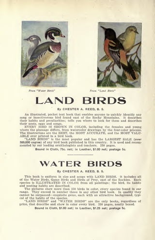 From "Water Birds' From "Land Birds
LAND BIRDSBy CHESTER A. REED, B. S.
An illustrated, pocket text book that enables anyone to quickly identify any
song or insectivorous bird found east of the Rocky Mountains. It describes
their habits and peculiarities; tells you where to look for them and describes
their nests, eggs and songs.
EVERY BIRD IS SHOWN IN COLOR, including the females and young
where the plumage differs, from watercolor drawings by the four-color process.
The illustrations are the BEST, the MOST ACCURATE, and the MOST VALU-
ABLE ever printed in a bird book.
"LAND BIRDS" is the most popular and has the LARGEST SALE (over
300,000 copies) of any bird book published in this country. It is used and recom-
mended by our leading ornithologists and teachers. 230 pages.
Bound in Cloth, 75c. net; in Leather, $1.00 net; postage 5c.
WATER BIRDS
By CHESTER A. REED, B. S.
This book is uniform in size and scope with LAND BIRDS. It includes all
of the Water Birds, Game Birds and Birds of Prey, east of the Rockies. Each
species is ILLUSTRATED IN COLOR from oil paintings; the bird, its habits
and nesting habits are described.
The pictures show more than 230 birds in color, every species found in our
range. They exceed in number those in any other bird book. In quality they
cannot be surpassed exquisite gems, each with an attractive background, typi-
cal of the habits of the species.
"LAND BIRDS" and "WATER BIRDS" are the only books, regardless of
price, that describe and show in color every bird. 250 pages, neatly boxed.
Bound in Cloth, $1.00 net; in Leather, $1.25 net; postage 5c.
 