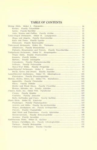 TABLE OF CONTENTS
Diving Birds. Order I. Pygopodes 10
Grebes. Family Colymbidas 11
Loons. Family Gaviidse 17
Auks, Murres and Puffins. Family Alcidae 21
Long-winged Swimmers. Order II. Longipennes 35
Skuas and Jaegers. Family Stercoraridse 35
Gulls and Terns. Family Laridae 38
Skimmers. Family Rynchopidse 58
Tube-nosed Swimmers. Order III. Tubinares 59
Albatrosses. Family Diomedeidae 59
Fulmars, Shearwaters and Petrels. Family Procellariidae 61
Totipalmate Swimmers. Order IV. Steganopodes 72
Tropic Birds. Family Phaethontidas 72
Gannets. Family Sulidae 74
Darters. Family Anhingidae 77
Cormorants. Family Phalacrocoracidae 78
Pelicans. Family Pelecanidae 83
Man-o'-War Birds. Family Fregatidse 86
Lamellirostral Swimmers. Order V. Anseres 87
Ducks, Geese and Swans. Family Anatidae 87
Lamellirostral Grallatores. Order VI. Odontoglossae 115
Flamingoes. Family Phrenicopteridae 115
Herons, Storks, Ibises, etc. Order VII. Herodiones 115
Spoonbills. Family Plataleidae 115
Ibises. Family Ibididas 117
Storks and Wood Ibises. Family Ciconiidae 118
Herons, Bitterns, etc. Family Ardeidae 119
Cranes, Rails, etc. Order VIII. Paludicolaa 127
Cranes. Family Gruidse 127
Courlans. Family Aramidae 129
Rails, Gallinules and Coots. Family Rallidae 131
Shore Birds. Order IX. Limicolse 137
Phalaropes. Family Phalaropodidae 137
Avocets and Stilts. Family Recurvirostridae 139
Snipes, Sandpipers, etc. Family Scolopacidae 140
Plovers. Family Charadriidas 161
Surf Birds and Turnstones. Family Aphrizidae 169
Oyster-catchers. Family Haematopodidae 170
Jacanas. Family Jacanidse 172
Gallinaceous Birds. Order X. Gallinae 175
Grouse, Partridges, etc. Family Odontophoridae 175
Turkeys. Family Meleagridae 178
Curassows and Guans. Family Cracidae 191
 