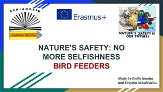 NATURE'S SAFETY: NO
MORE SELFISHNESS
BIRD FEEDERS
Made by Emilis Jasudas
and Eitvydas Mikalavičius
 