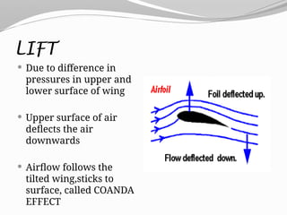 LIFT
 Due to difference in
pressures in upper and
lower surface of wing
 Upper surface of air
deflects the air
downwards
 Airflow follows the
tilted wing,sticks to
surface, called COANDA
EFFECT
 