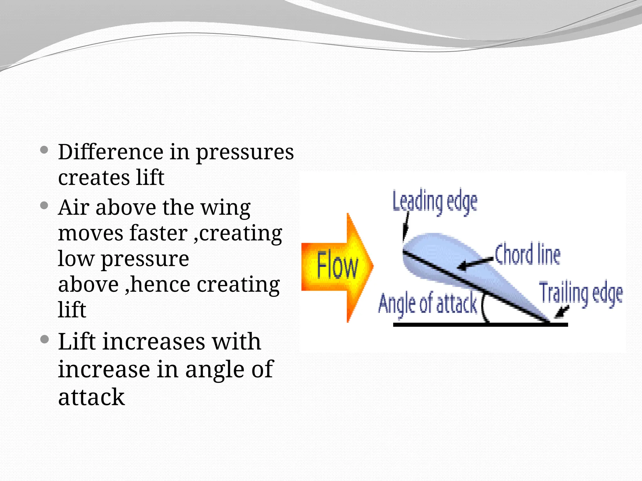  Difference in pressures
creates lift
 Air above the wing
moves faster ,creating
low pressure
above ,hence creating
lift
 Lift increases with
increase in angle of
attack
 