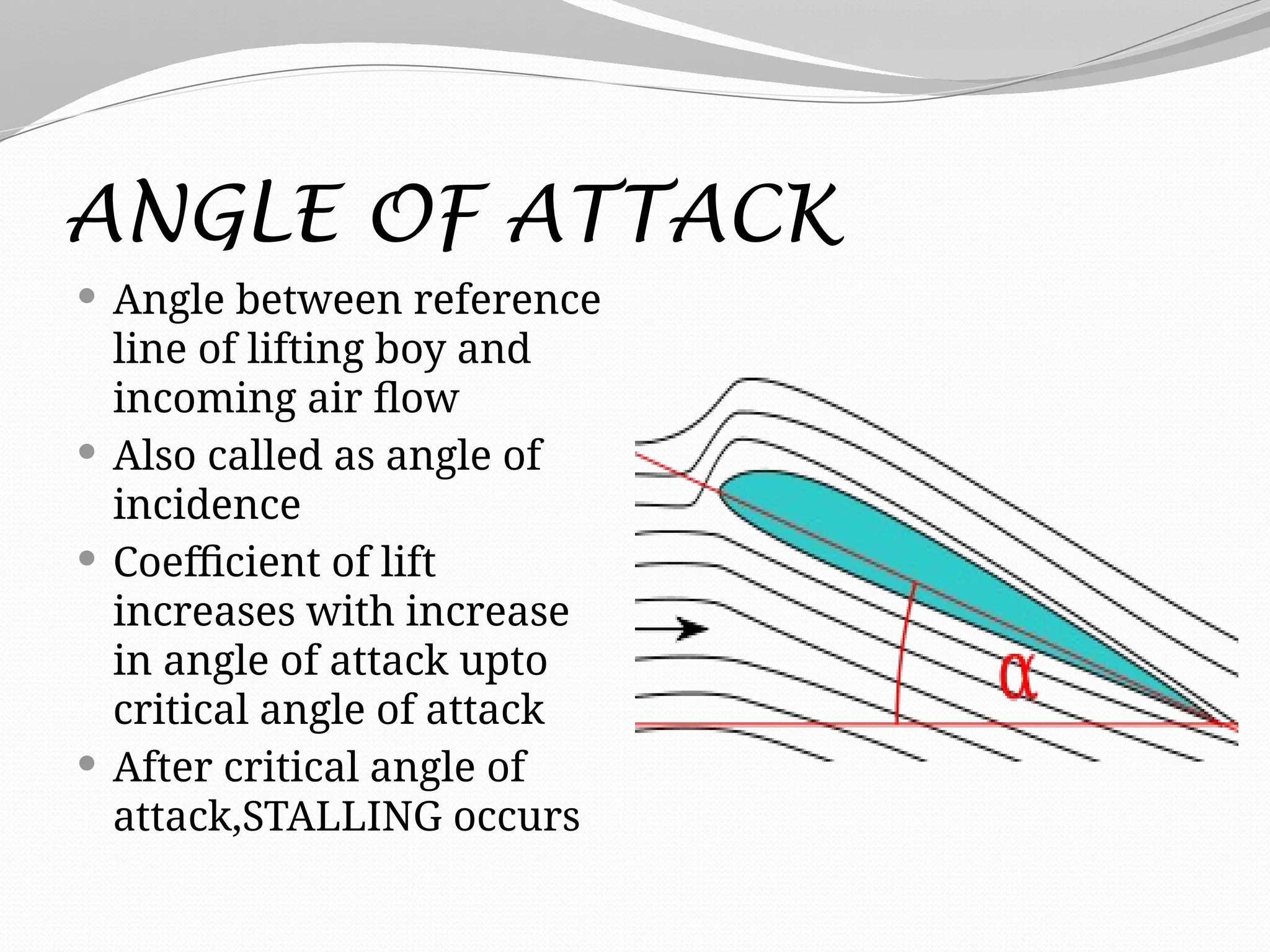 ANGLE OF ATTACK
 Angle between reference
line of lifting boy and
incoming air flow
 Also called as angle of
incidence
 Coefficient of lift
increases with increase
in angle of attack upto
critical angle of attack
 After critical angle of
attack,STALLING occurs
 
