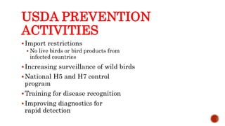 USDA PREVENTION
ACTIVITIES
Import restrictions
 No live birds or bird products from
infected countries
Increasing surveillance of wild birds
National H5 and H7 control
program
Training for disease recognition
Improving diagnostics for
rapid detection
Center for Food Security and Public Health, Iowa State University, 2013
 