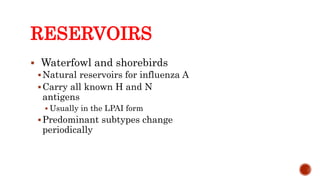 RESERVOIRS
 Waterfowl and shorebirds
Natural reservoirs for influenza A
Carry all known H and N
antigens
 Usually in the LPAI form
Predominant subtypes change
periodically
Center for Food Security and Public Health, Iowa State University, 2013
 