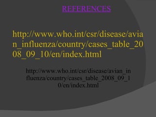 http://www.who.int/csr/disease/avian_influenza/country/cases_table_2008_09_10/en/index.html http://www.who.int/csr/disease/avian_influenza/country/cases_table_2008_09_10/en/index.html REFERENCES 