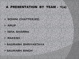 A  PRESENTATION  BY  TEAM -  1(a) SOHINI  CHATTERJEE. ARUP  ISHA  SHARMA RAKESH SAURABH  SHRIVASTAVA SAURABH  SINGH  