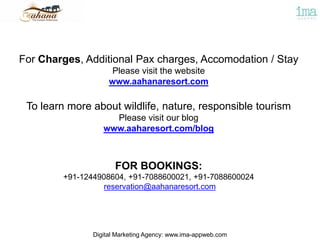 For Charges, Additional Pax charges, Accomodation / Stay
Please visit the website
www.aahanaresort.com
To learn more about wildlife, nature, responsible tourism
Please visit our blog
www.aaharesort.com/blog
FOR BOOKINGS:
+91-1244908604, +91-7088600021, +91-7088600024
reservation@aahanaresort.com
Digital Marketing Agency: www.ima-appweb.com
 