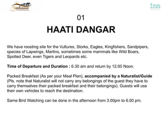 HAATI DANGAR
01
We have roosting site for the Vultures, Storks, Eagles, Kingfishers, Sandpipers,
species of Lapwings, Martins, sometimes some mammals like Wild Boars,
Spotted Deer, even Tigers and Leopards etc.
Time of Departure and Duration : 6.30 am and return by 12.00 Noon.
Packed Breakfast (As per your Meal Plan), accompanied by a Naturalist/Guide
(Pls. note that Naturalist will not carry any belongings of the guest they have to
carry themselves their packed breakfast and their belongings). Guests will use
their own vehicles to reach the destination.
Same Bird Watching can be done in the afternoon from 3.00pm to 6.00 pm.
 