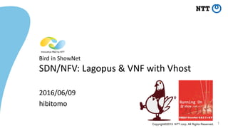 Copyright©2015 NTT corp. All Rights Reserved.
Bird in ShowNet
SDN/NFV: Lagopus & VNF with Vhost
2016/06/09
hibitomo
1
 