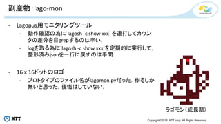 Copyright©2015 NTT corp. All Rights Reserved.
副産物：lago-mon
- Lagopus用モニタリングツール
- 動作確認の為に`lagosh -c show xxx` を連打してカウン
タの差分を目grepするのは辛い．
- logを取る為に`lagosh -c show xxx`を定期的に実行して，
整形済みjsonを一行に戻すのは手間．
- 16 x 16ドットのロゴ
- プロトタイプのファイル名がlagomon.pyだった．作るしか
無いと思った．後悔はしていない．
ラゴモン（成長期）
 