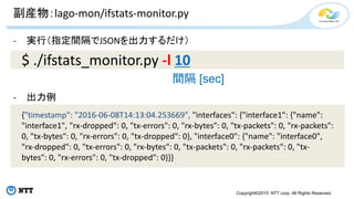 Copyright©2015 NTT corp. All Rights Reserved.
副産物：lago-mon/ifstats-monitor.py
- 実行（指定間隔でJSONを出力するだけ）
- 出力例
{"timestamp": "2016-06-08T14:13:04.253669", "interfaces": {"interface1": {"name":
"interface1", "rx-dropped": 0, "tx-errors": 0, "rx-bytes": 0, "tx-packets": 0, "rx-packets":
0, "tx-bytes": 0, "rx-errors": 0, "tx-dropped": 0}, "interface0": {"name": "interface0",
"rx-dropped": 0, "tx-errors": 0, "rx-bytes": 0, "tx-packets": 0, "rx-packets": 0, "tx-
bytes": 0, "rx-errors": 0, "tx-dropped": 0}}}
$ ./ifstats_monitor.py -l 10
間隔 [sec]
 