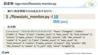Copyright©2015 NTT corp. All Rights Reserved.
副産物：lago-mon/flowstats-monitor.py
- 実行（指定間隔でJSONを出力するだけ）
- 出力例
{"timestamp": "2016-06-08T14:25:44.853720", "flows": {"bridge01": {"tables":
[{"table": 0, "flows": [{"stats": {"packet_count": 0, "byte_count": 0}, "hard_timeout": 0,
"actions": [{"apply_actions": [{"output": 2}]}], "priority": 100, "idle_timeout": 0,
"cookie": 0, "in_port": 1}, {"stats": {"packet_count": 0, "byte_count": 0},
"hard_timeout": 0, "actions": [{"apply_actions": [{"output": 1}]}], "priority": 100,
"idle_timeout": 0, "cookie": 0, "in_port": 2}]}], "name": "bridge01"}}}
$ ./flowstats_monitor.py -l 10
間隔 [sec]
 