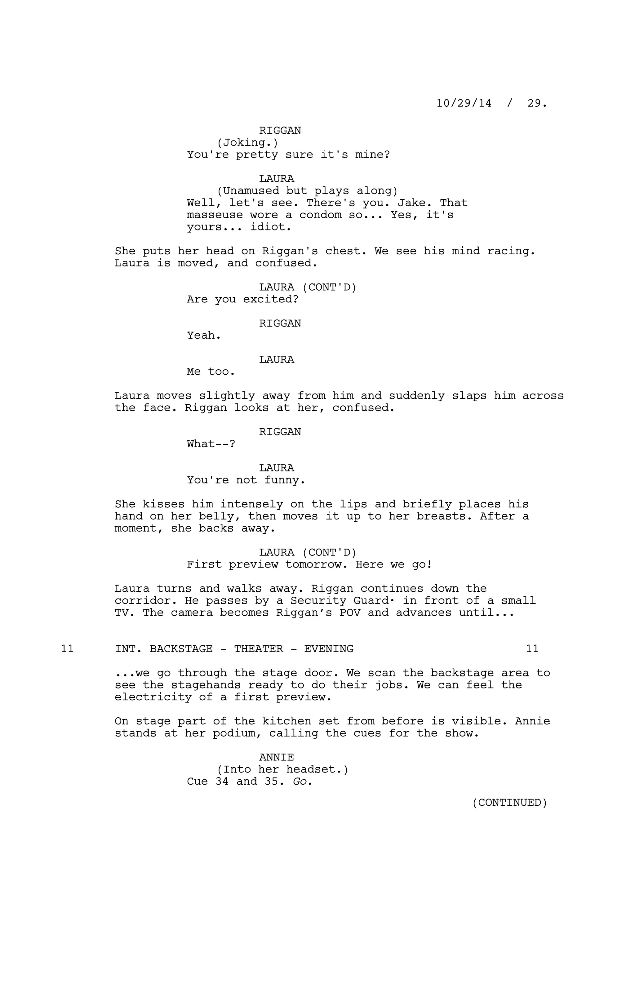 RIGGAN
(Joking.)
You're pretty sure it's mine?
LAURA
(Unamused but plays along)
Well, let's see. There's you. Jake. That
masseuse wore a condom so... Yes, it's
yours... idiot.
She puts her head on Riggan's chest. We see his mind racing.
Laura is moved, and confused.
LAURA (CONT'D)
Are you excited?
RIGGAN
Yeah.
LAURA
Me too.
Laura moves slightly away from him and suddenly slaps him across
the face. Riggan looks at her, confused.
RIGGAN
What--?
LAURA
You're not funny.
She kisses him intensely on the lips and briefly places his
hand on her belly, then moves it up to her breasts. After a
moment, she backs away.
LAURA (CONT'D)
First preview tomorrow. Here we go!
Laura turns and walks away. Riggan continues down the
corridor. He passes by a Security Guard· in front of a small
TV. The camera becomes Riggan’s POV and advances until...
INT. BACKSTAGE - THEATER - EVENING11 11
...we go through the stage door. We scan the backstage area to
see the stagehands ready to do their jobs. We can feel the
electricity of a first preview.
On stage part of the kitchen set from before is visible. Annie
stands at her podium, calling the cues for the show.
ANNIE
(Into her headset.)
Cue 34 and 35. Go.
10/29/14 / 29.
(CONTINUED)
 