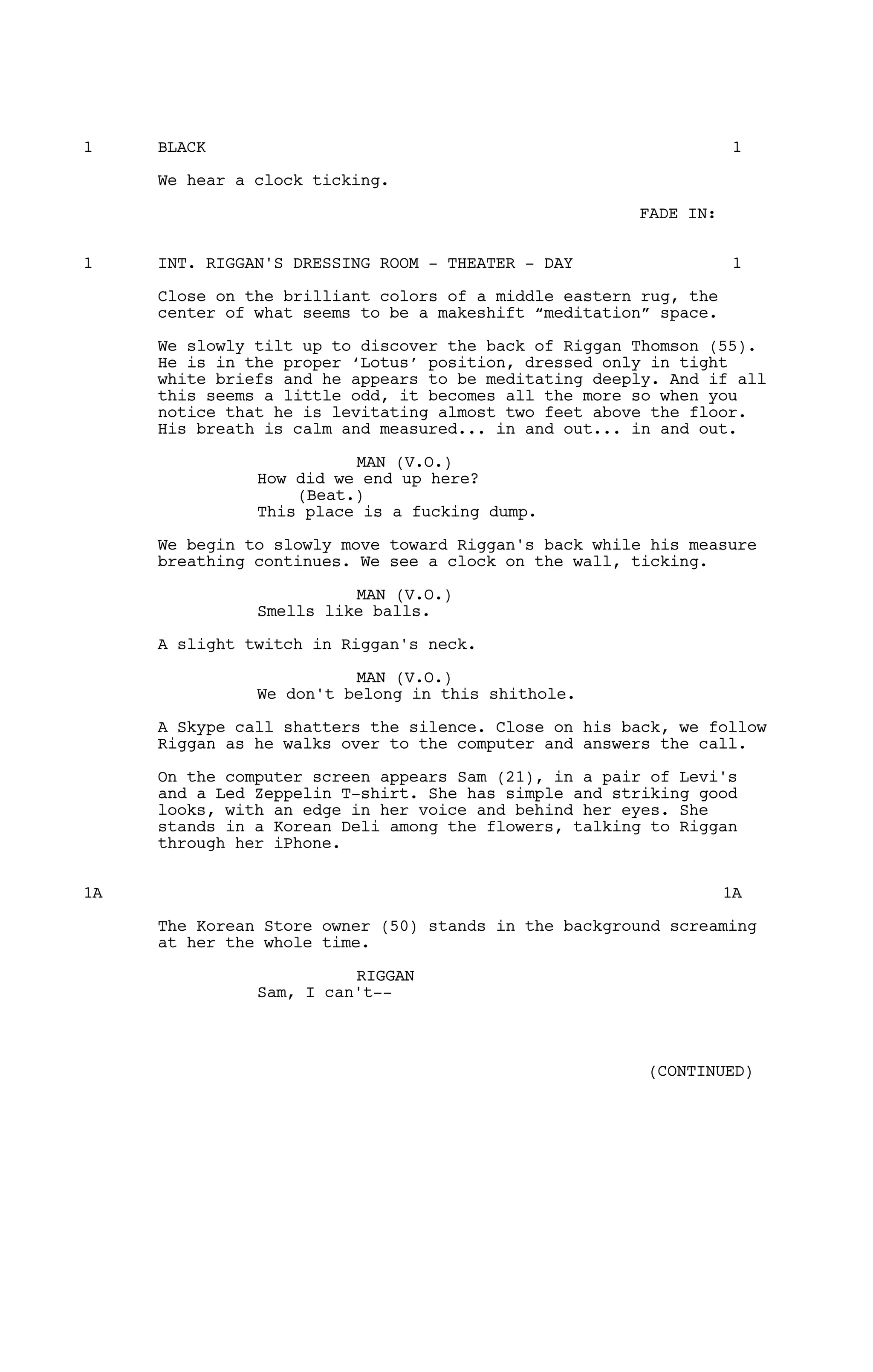 BLACK1 1
We hear a clock ticking.
FADE IN:
INT. RIGGAN'S DRESSING ROOM - THEATER - DAY1 1
Close on the brilliant colors of a middle eastern rug, the
center of what seems to be a makeshift “meditation” space.
We slowly tilt up to discover the back of Riggan Thomson (55).
He is in the proper ‘Lotus’ position, dressed only in tight
white briefs and he appears to be meditating deeply. And if all
this seems a little odd, it becomes all the more so when you
notice that he is levitating almost two feet above the floor.
His breath is calm and measured... in and out... in and out.
MAN (V.O.)
How did we end up here?
(Beat.)
This place is a fucking dump.
We begin to slowly move toward Riggan's back while his measure
breathing continues. We see a clock on the wall, ticking.
MAN (V.O.)
Smells like balls.
A slight twitch in Riggan's neck.
MAN (V.O.)
We don't belong in this shithole.
A Skype call shatters the silence. Close on his back, we follow
Riggan as he walks over to the computer and answers the call.
On the computer screen appears Sam (21), in a pair of Levi's
and a Led Zeppelin T-shirt. She has simple and striking good
looks, with an edge in her voice and behind her eyes. She
stands in a Korean Deli among the flowers, talking to Riggan
through her iPhone.
1A 1A
The Korean Store owner (50) stands in the background screaming
at her the whole time.
RIGGAN
Sam, I can't--
(CONTINUED)
 