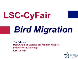 LSC-CyFair
  Bird Migration
  Tim Sebesta
  Dept. Chair of Exercise and Military Sciences
  Professor of Kinesiology
  LSC-CyFair
 