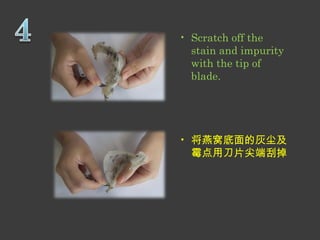 • Scratch off the 
stain and impurity 
with the tip of 
blade. 
• 将燕窝底面的灰尘及 
霉点用刀片尖端刮掉 
 