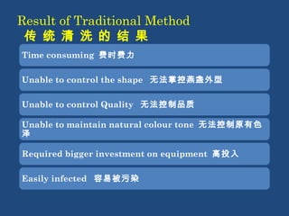 Result of Traditional Method 
传 统 清 洗 的 结 果 
Time consuming 费时费力 
Unable to control the shape 无法掌控燕盏外型 
Unable to control Quality 无法控制品质 
Unable to maintain natural colour tone 无法控制原有色 
泽 
Required bigger investment on equipment 高投入 
Easily infected 容易被污染 
 
