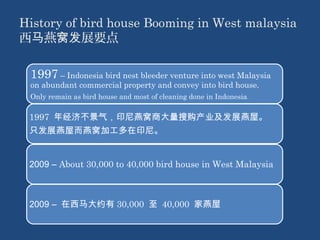 History of bird house Booming in West malaysia 
西马燕窝发展要点 
1997 – Indonesia bird nest bleeder venture into west Malaysia 
on abundant commercial property and convey into bird house. 
Only remain as bird house and most of cleaning done in Indonesia. 
1997 年经济不景气，印尼燕窝商大量搜购产业及发展燕屋。 
只发展燕屋而燕窝加工多在印尼。 
2009 – About 30,000 to 40,000 bird house in West Malaysia 
2009 – 在西马大约有30,000 至 40,000 家燕屋 
 
