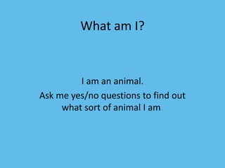 What am I?


         I am an animal.
Ask me yes/no questions to find out
     what sort of animal I am.
 