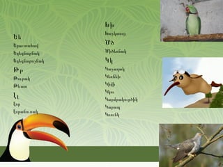 Խխ
               Խաչկտուց
Եե
Երաշտահավ      Ծծ
Եղեգնաբնակ     Ծիծեռնակ
Եղեգնաթռչնակ   Կկ
Թթ             Կաչաղակ
Թութակ         Կեռնեխ
Թևատ           Կիվի
               Կկու
Լլ             Կարմրակուրծիկ
Լոր
               Կարապ
Լորաճուռակ
               Կռունկ
 