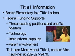 Title I Information
• Banks Elementary is a Title I school
• Federal Funding Supports
  – Three teaching positions and one Ta
    position
  – Technology
  – Instructional supplies
  – Parent involvement
  To Learn More About Title I, contact Mrs.
    Faulkner at 252-527-9470.
 