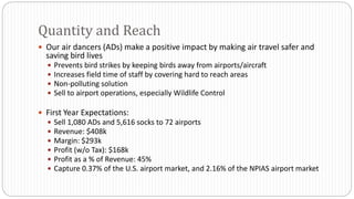  Our air dancers (ADs) make a positive impact by making air travel safer and
saving bird lives
 Prevents bird strikes by keeping birds away from airports/aircraft
 Increases field time of staff by covering hard to reach areas
 Non-polluting solution
 Sell to airport operations, especially Wildlife Control
 First Year Expectations:
 Sell 1,080 ADs and 5,616 socks to 72 airports
 Revenue: $408k
 Margin: $293k
 Profit (w/o Tax): $168k
 Profit as a % of Revenue: 45%
 Capture 0.37% of the U.S. airport market, and 2.16% of the NPIAS airport market
Quantity and Reach
 