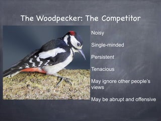 The Woodpecker: The Competitor
                 Noisy

                 Single-minded

                 Persistent

                 Tenacious

                 May ignore other people’s
                 views

                 May be abrupt and offensive
 