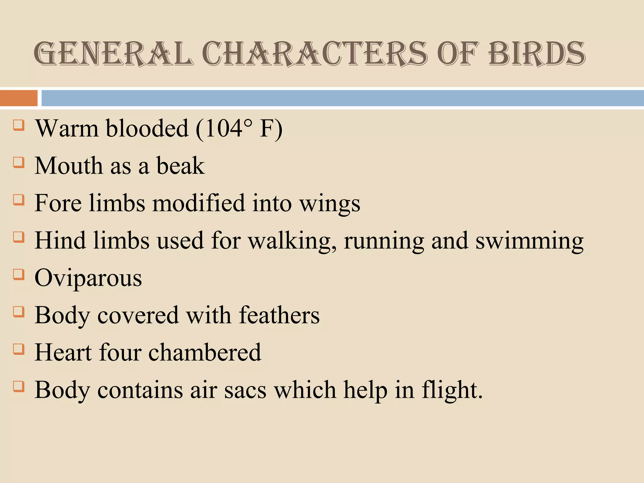 General characters of Birds
 Warm blooded (104° F)
 Mouth as a beak
 Fore limbs modified into wings
 Hind limbs used for walking, running and swimming
 Oviparous
 Body covered with feathers
 Heart four chambered
 Body contains air sacs which help in flight.
 