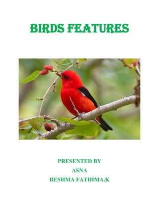 BIRDS FEATURES
PRESENTED BY
ASNA
RESHMA FATHIMA.K
 