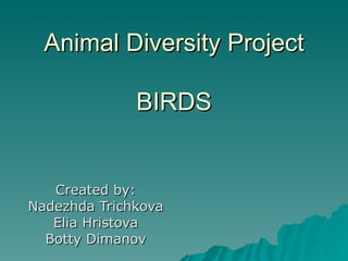 Animal Diversity Project BIRDS Created by: Nadezhda Trichkova Elia Hristova Botty Dimanov 