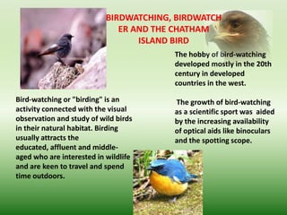 BIRDWATCHING, BIRDWATCH
                              ER AND THE CHATHAM
                                  ISLAND BIRD
                                        The hobby of bird-watching
                                        developed mostly in the 20th
                                        century in developed
                                        countries in the west.

Bird-watching or "birding" is an        The growth of bird-watching
activity connected with the visual      as a scientific sport was aided
observation and study of wild birds     by the increasing availability
in their natural habitat. Birding       of optical aids like binoculars
usually attracts the                    and the spotting scope.
educated, affluent and middle-
aged who are interested in wildlife
and are keen to travel and spend
time outdoors.
 