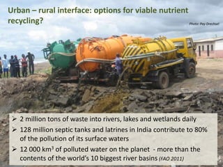  2 million tons of waste into rivers, lakes and wetlands daily
 128 million septic tanks and latrines in India contribute to 80%
of the pollution of its surface waters
 12 000 km3 of polluted water on the planet - more than the
contents of the world’s 10 biggest river basins (FAO 2011)
Photo: Pay Drechsel
Urban – rural interface: options for viable nutrient
recycling?
 
