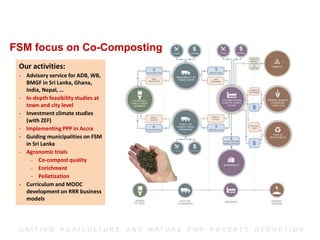 U N I T I N G A G R I C U L T U R E A N D N AT U R E F O R P O V E R T Y R E D U C T I O N
FSM focus on Co-Composting
Our activities:
- Advisory service for ADB, WB,
BMGF in Sri Lanka, Ghana,
India, Nepal, …
- In-depth feasibility studies at
town and city level
- Investment climate studies
(with ZEF)
- Implementing PPP in Accra
- Guiding municipalities on FSM
in Sri Lanka
- Agronomic trials
- Co-compost quality
- Enrichment
- Pelletization
- Curriculum and MOOC
development on RRR business
models
 
