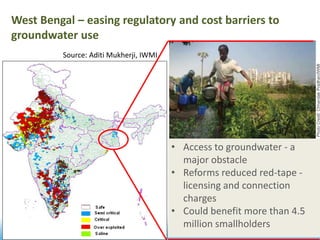 West Bengal – easing regulatory and cost barriers to
groundwater use
• Access to groundwater - a
major obstacle
• Reforms reduced red-tape -
licensing and connection
charges
• Could benefit more than 4.5
million smallholders
Source: Aditi Mukherji, IWMI
 