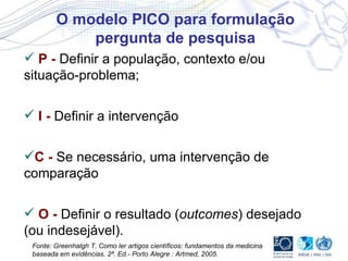 P -  Definir a população, contexto e/ou situação-problema;   I -   Definir a intervenção   C -  Se necessário, uma intervenção de comparação O -  Definir o resultado ( outcomes ) desejado (ou indesejável). O modelo PICO para formulação pergunta de pesquisa Fonte: Greenhalgh T. Como ler artigos científicos: fundamentos da medicina baseada em evidências. 2ª. Ed.- Porto Alegre : Artmed, 2005. 
