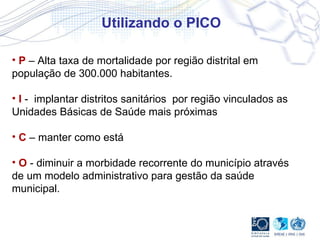 Utilizando o PICO P  – Alta taxa de mortalidade por região distrital em população de 300.000 habitantes. I  -  implantar distritos sanitários  por região vinculados as Unidades Básicas de Saúde mais próximas C  – manter como está O  - diminuir a morbidade recorrente do município através de um modelo administrativo para gestão da saúde municipal.  