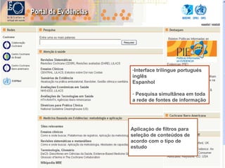 Aplicaçào de filtros para seleção de conteúdos de acordo com o tipo de estudo    Interface trilingue portugués  inglês  Espanhol Pesquisa simultânea em toda a rede de fontes de informação 