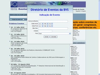 Informação sobre eventos de saúde em geral: congressos, seminários, conferências etc. 