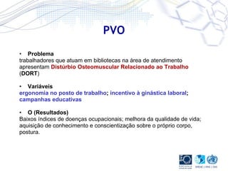 PVO Problema   trabalhadores que atuam em bibliotecas na área de atendimento apresentam  Distúrbio Osteomuscular Relacionado ao Trabalho ( DORT ) Variáveis   ergonomia no posto de trabalho ;  incentivo à ginástica laboral ; campanhas educativas O (Resultados) Baixos índices de doenças ocupacionais; melhora da qualidade de vida; aquisição de conhecimento e conscientização sobre o próprio corpo, postura. 