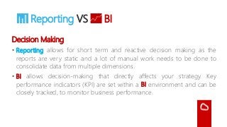 📊 Reporting VS 📈 BI
Decision Making
• Reporting allows for short term and reactive decision making as the
reports are very static and a lot of manual work needs to be done to
consolidate data from multiple dimensions.
• BI allows decision-making that directly affects your strategy. Key
performance indicators (KPI) are set within a BI environment and can be
closely tracked, to monitor business performance.
 