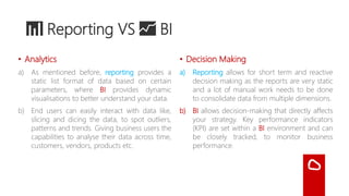 📈 Business Intelligence uses Technologies to
deliver Reports, Dashboards & Scorecards
BI also uses some technologies like in-memory and On-line Analytical
Processing (OLAP), to deliver reports, dashboards and scorecards to
end users much quicker. Allowing for ad-hoc analysis, for end users
that understands the business as well as the data and would like to
drill, slice and dice and pivot their data, referred to as self-service BI.
 